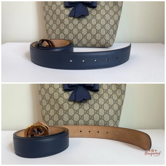 Authentic Gucci Blue Leather Gold Interlocking G Buckle Belt 85/34 - Picture 9 of 13